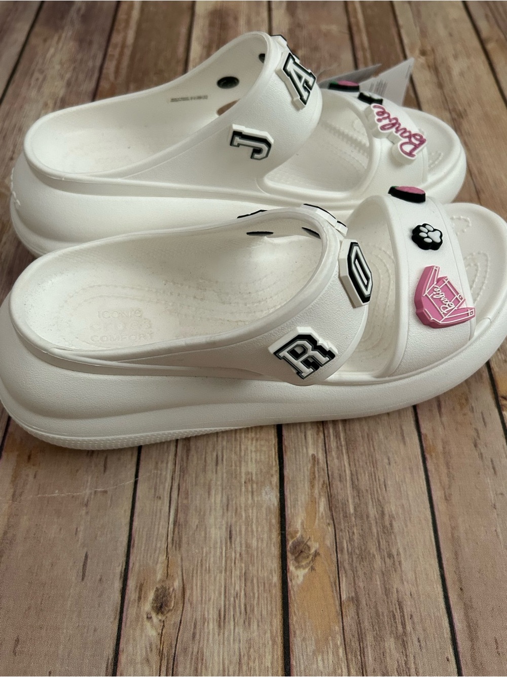 CROCS White Crush Sandal with Pink Rose, Barbie & Black Paw Charms | Size 10 - Picture 3 of 10